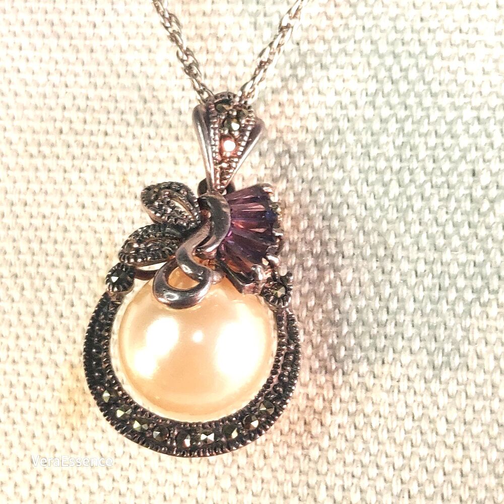 Sterling Silver Marcasite Pendant Amethyst & Faux Pearl Accent Art Deco Vintage